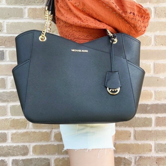 Michael Kors Jet Set Travel Large Top Zip Chain Tote Black Saffiano Leather - Picture 3 of 3